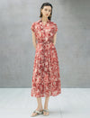 Rust Red Tie-Dye Floral Print Button-Down Midi Shirt Dress