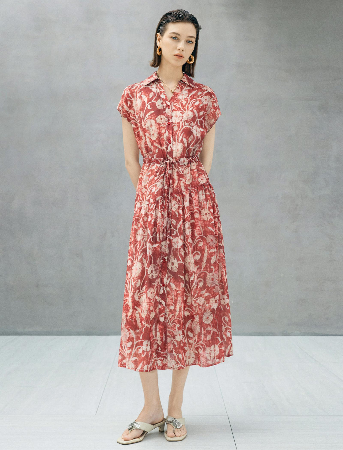 Rust Red Tie-Dye Floral Print Button-Down Midi Shirt Dress