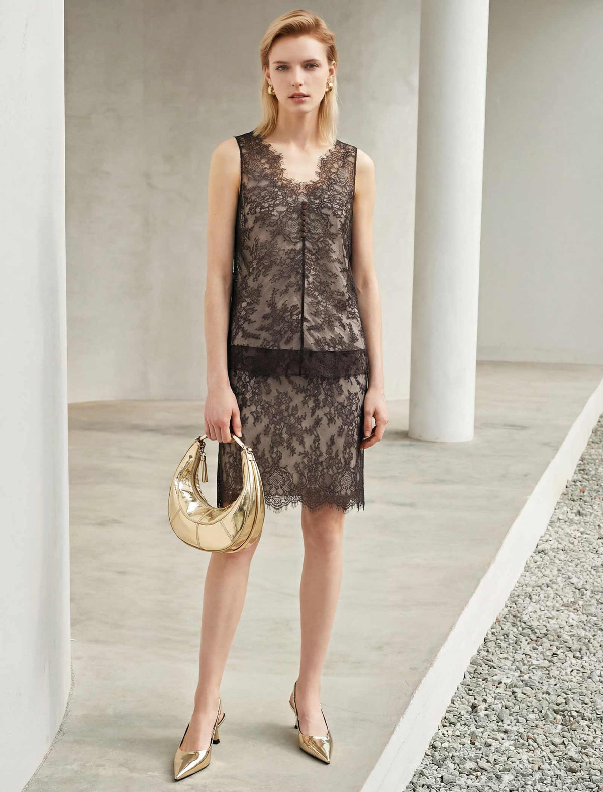 Sheer Lace Midi Skirt