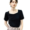 Square Neck Lace Detail Short Sleeve Top - Black
