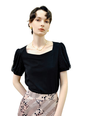 Square Neck Lace Detail Short Sleeve Top