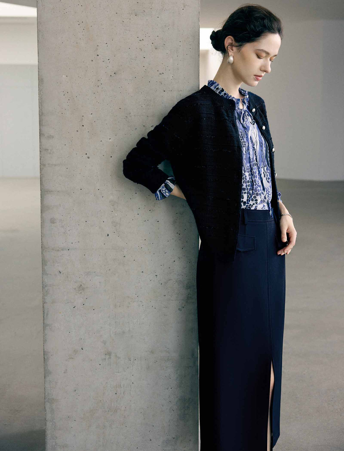 Abstract Floral Print Long Sleeve Office Blouse