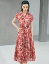Rust Red Tie-Dye Floral Print Button-Down Midi Shirt Dress
