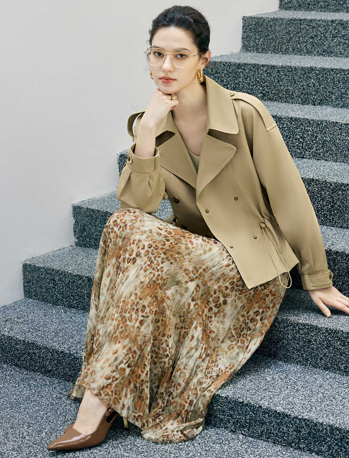 Abstract Print Pleated A-Line Midi Skirt