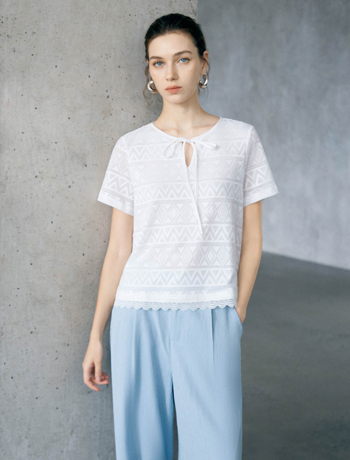 Geometric Lace Knit Tie-Neck Short Sleeve Top