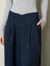 Navy Plaid Wool-Blend High Waist Wide Leg Pants