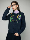 Wool Blend Embroidered Floral Crewneck Button-Front Cardigan