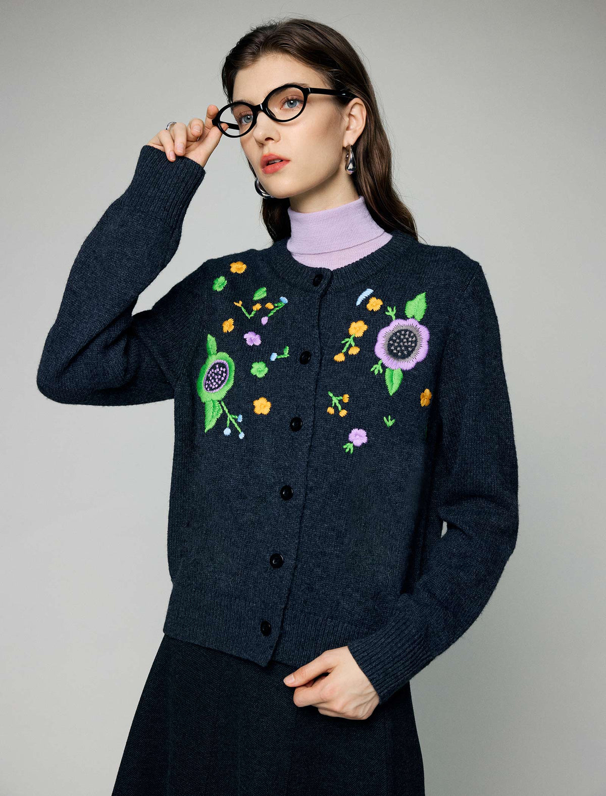 Wool Blend Embroidered Floral Crewneck Button-Front Cardigan