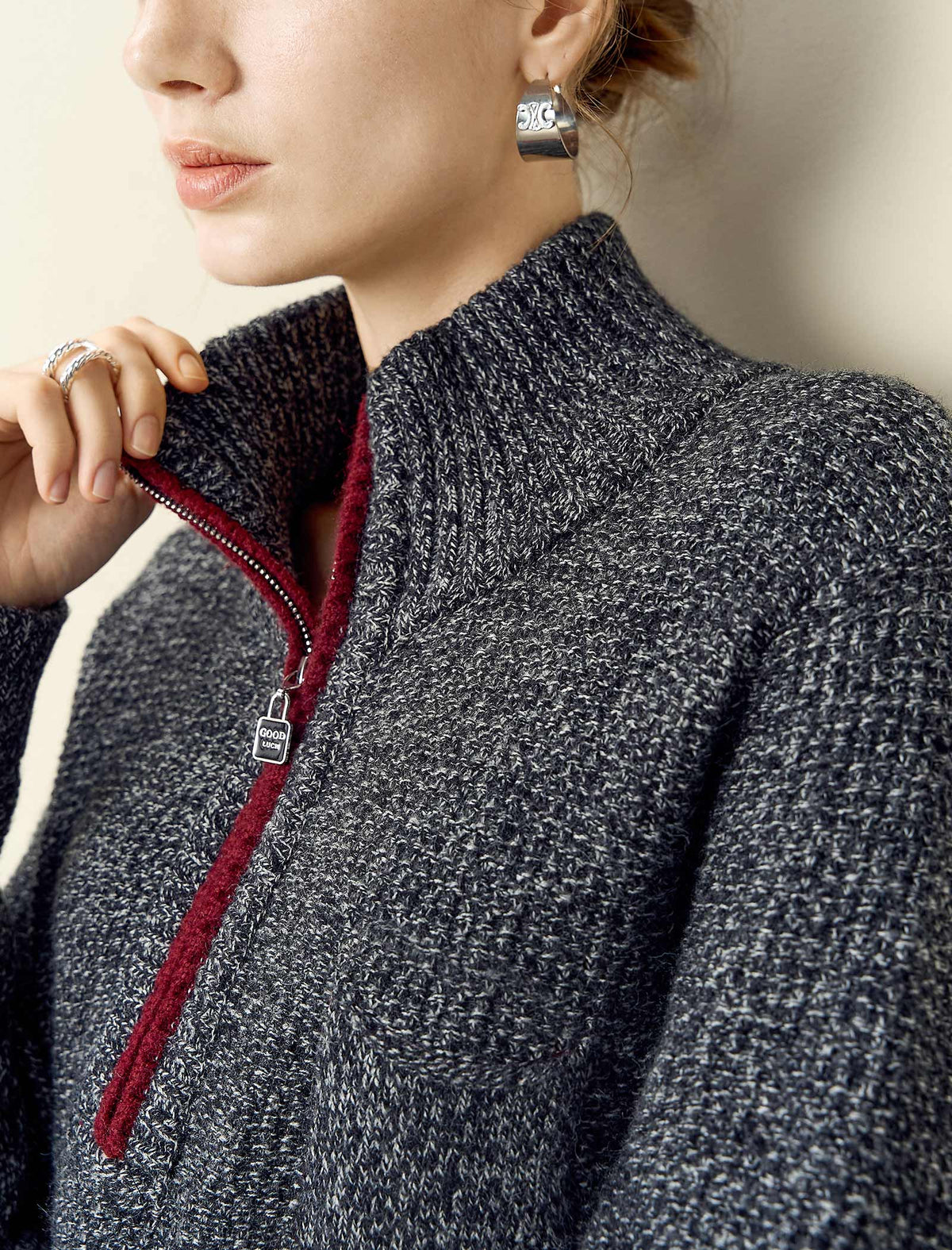 Contrast Trim Half-Zip Mock Neck Sweater