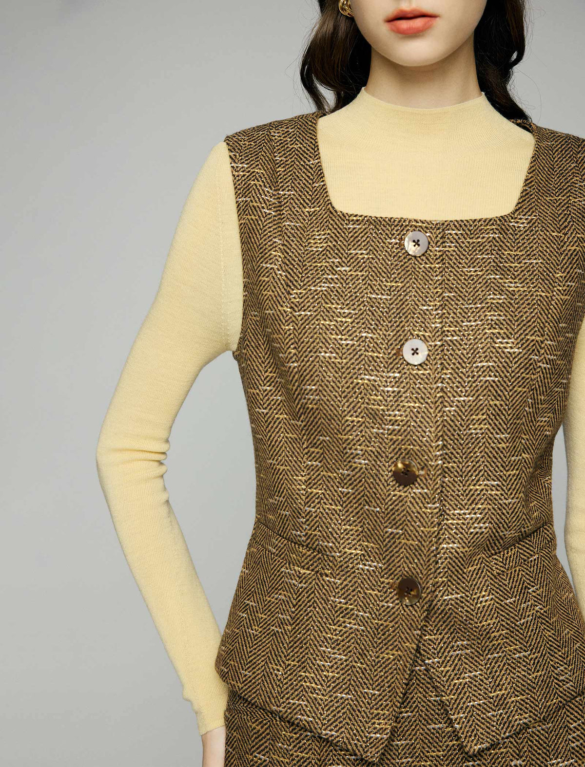Wool Blend Square-Neck Button-Front Fitted Vest