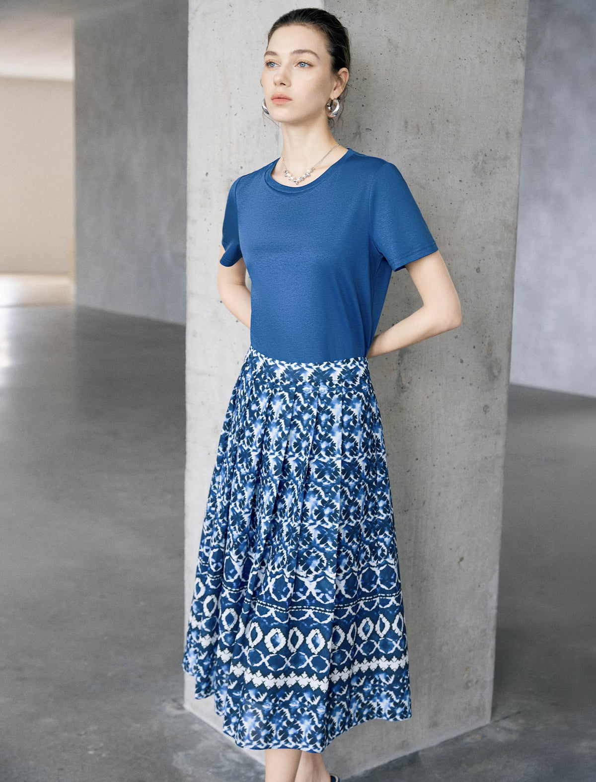 Geometric Tie-Dye High Waist Pleated Midi Skirt