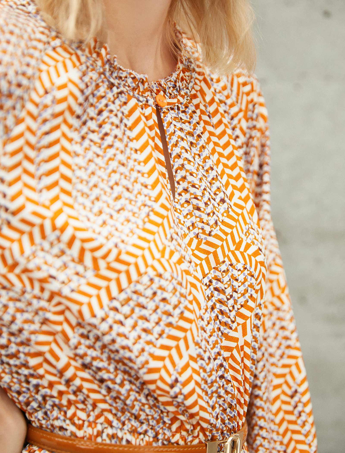 Warm Orange Architectural Light And Shadow Printed Dress
