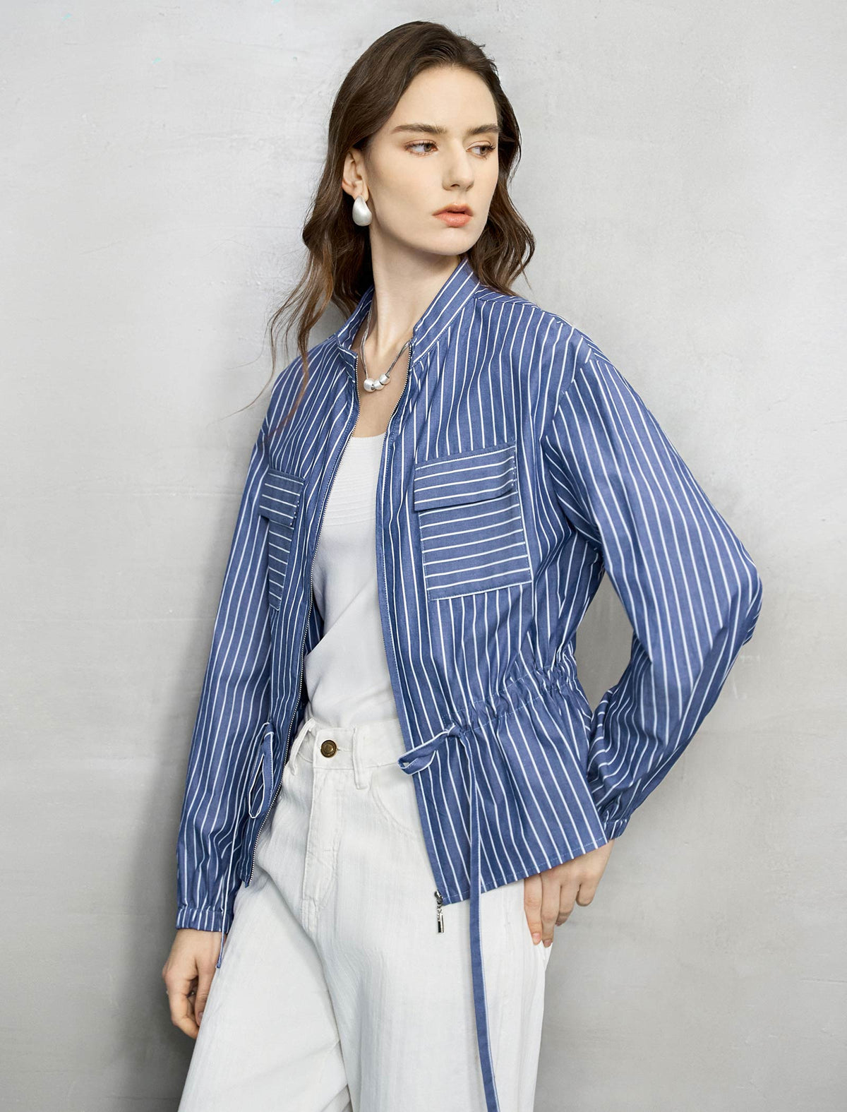 Navy And White Stripe Zip-Front Cinched Blouse