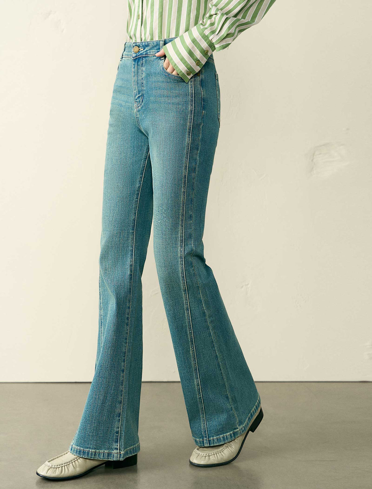 Mid Blue High Waist Side Seam Detail Flare Jeans