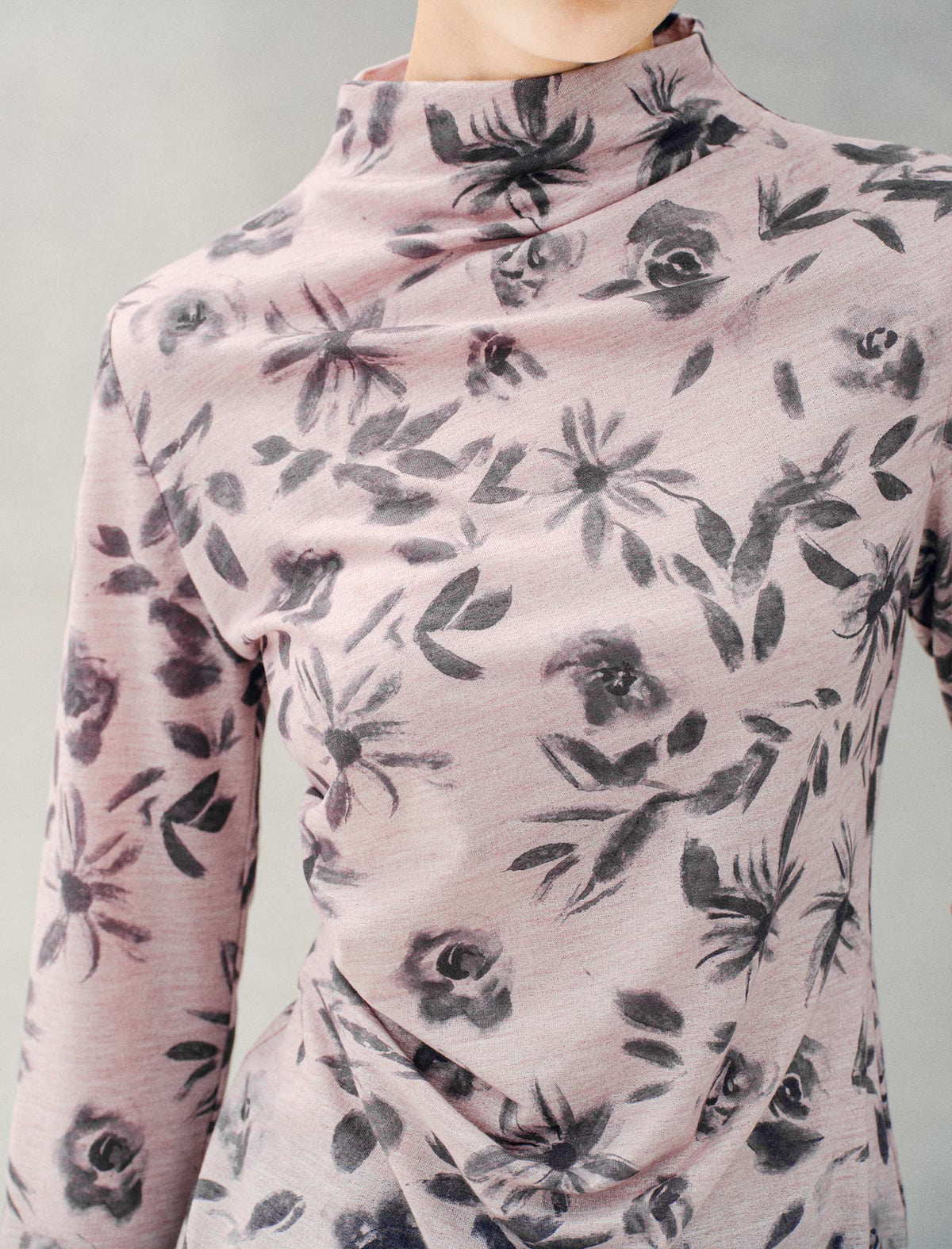 Ink-wash Floral Mock Neck Long Sleeve Top
