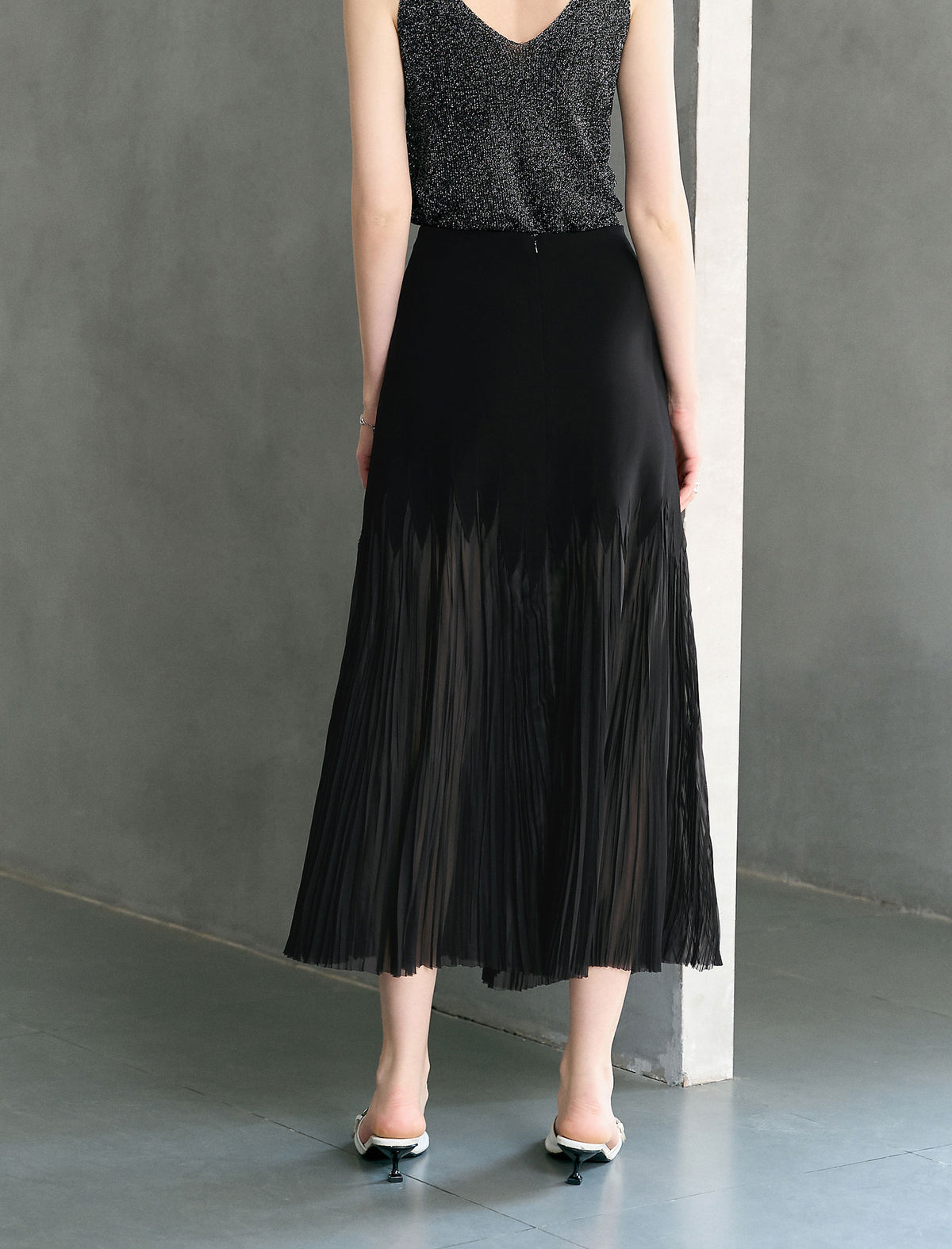 High-Waist Sheer Pleated Midi Skirt