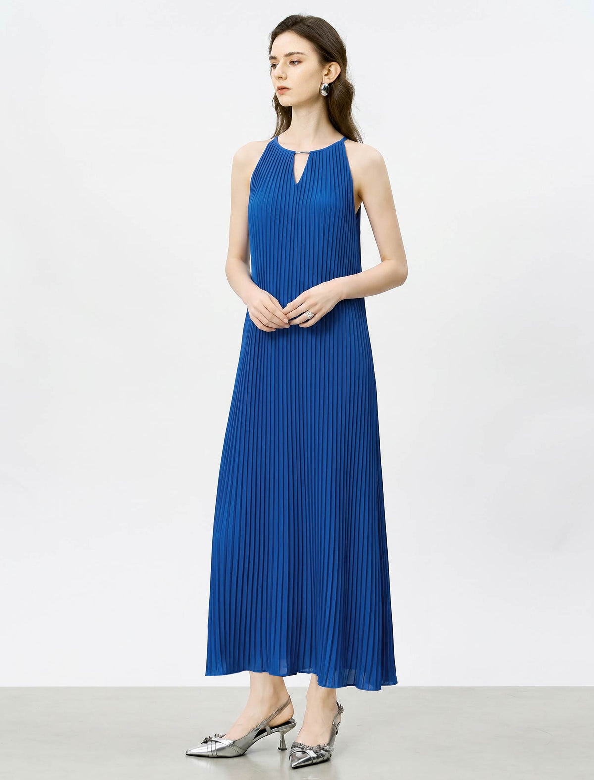 Cobalt Blue Pleated Halter Maxi Dress