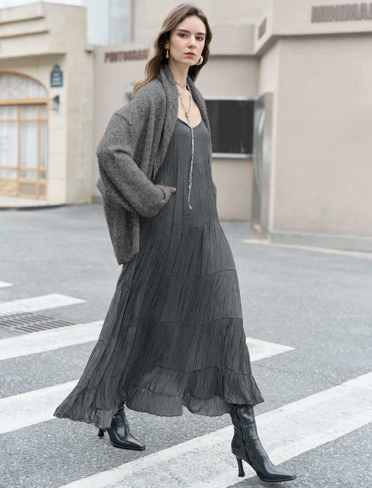 Charcoal Crinkled Sleeveless Maxi Slip Dress