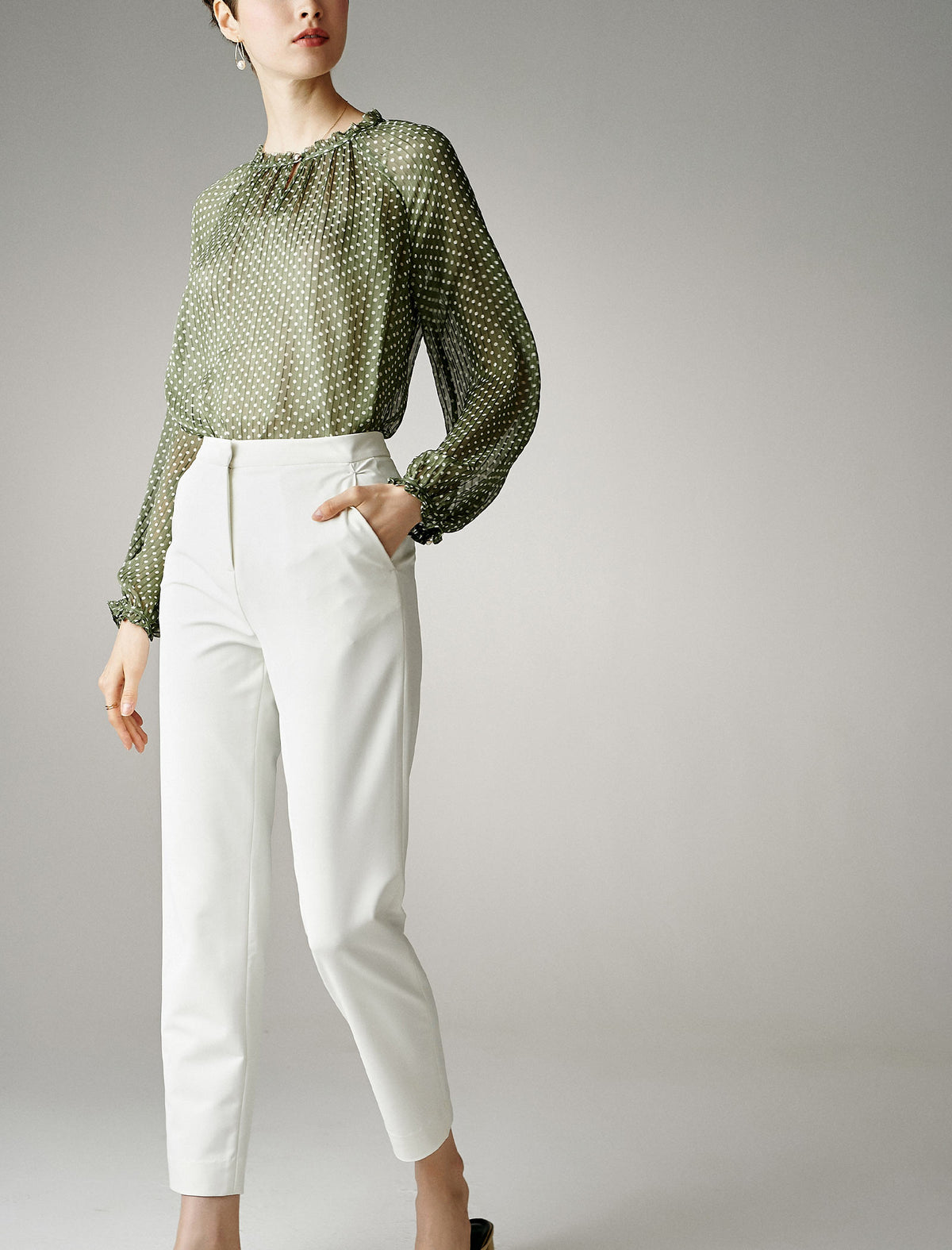 Chiffon Polka Dot Lantern Sleeve Blouse