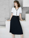 V-Neck Color-Block Waist-Cinched Pleated Dress