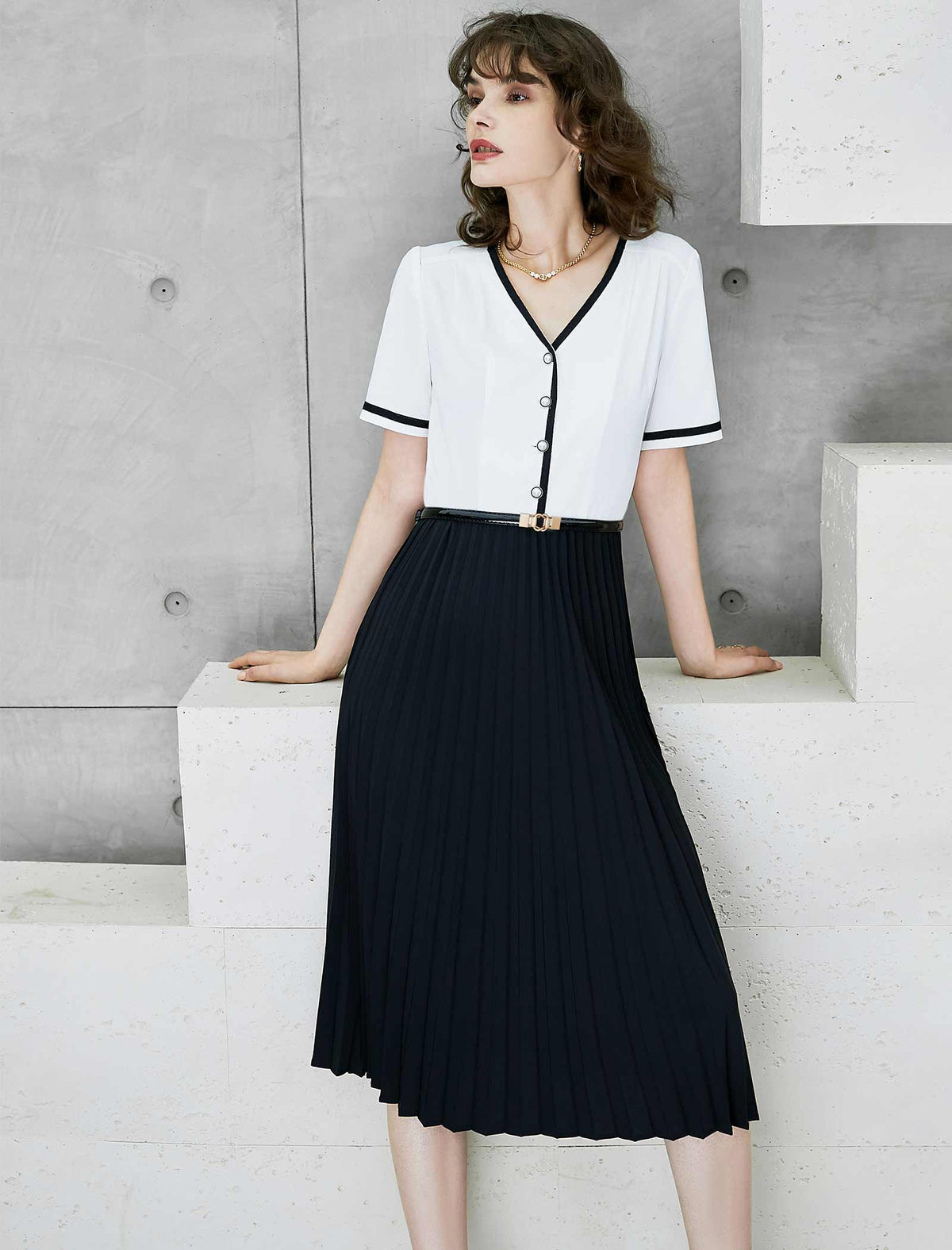 V-Neck Color-Block Waist-Cinched Pleated Dress