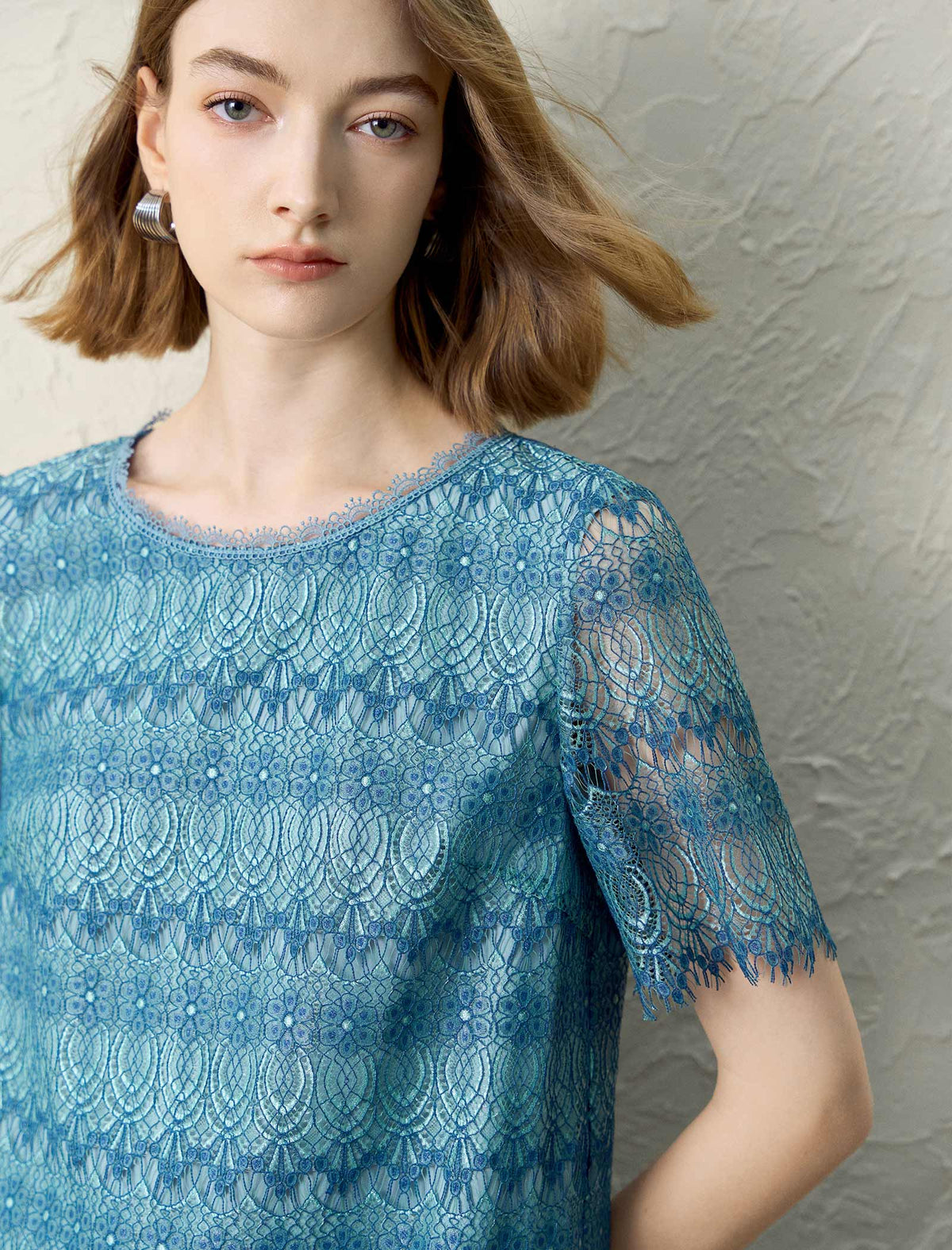 Teal Lace Short Sleeve Shift Dress