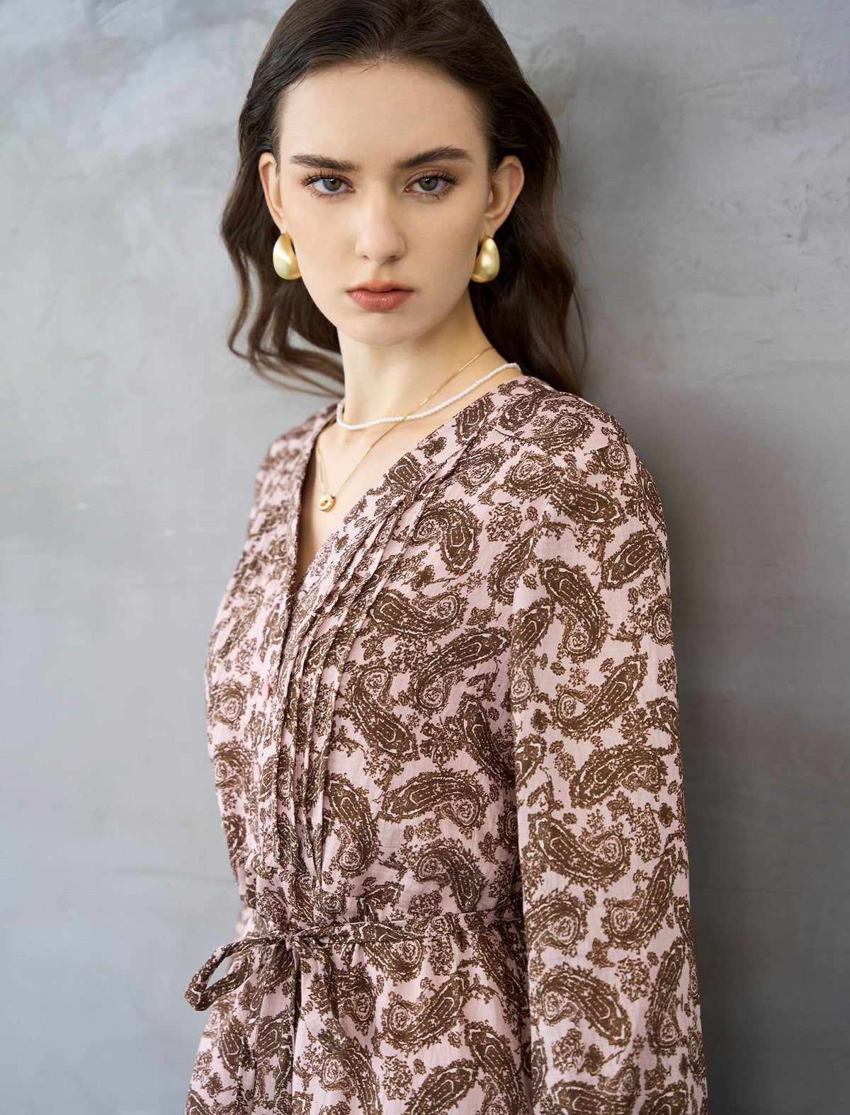 Dusty Pink Paisley Print Tie-Waist Midi Dress