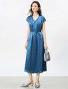Acetate Satin V-Neck Belted Midi Dress