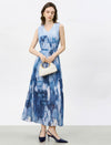 Ombre Blue Watercolor Pleated Sleeveless Maxi Dress