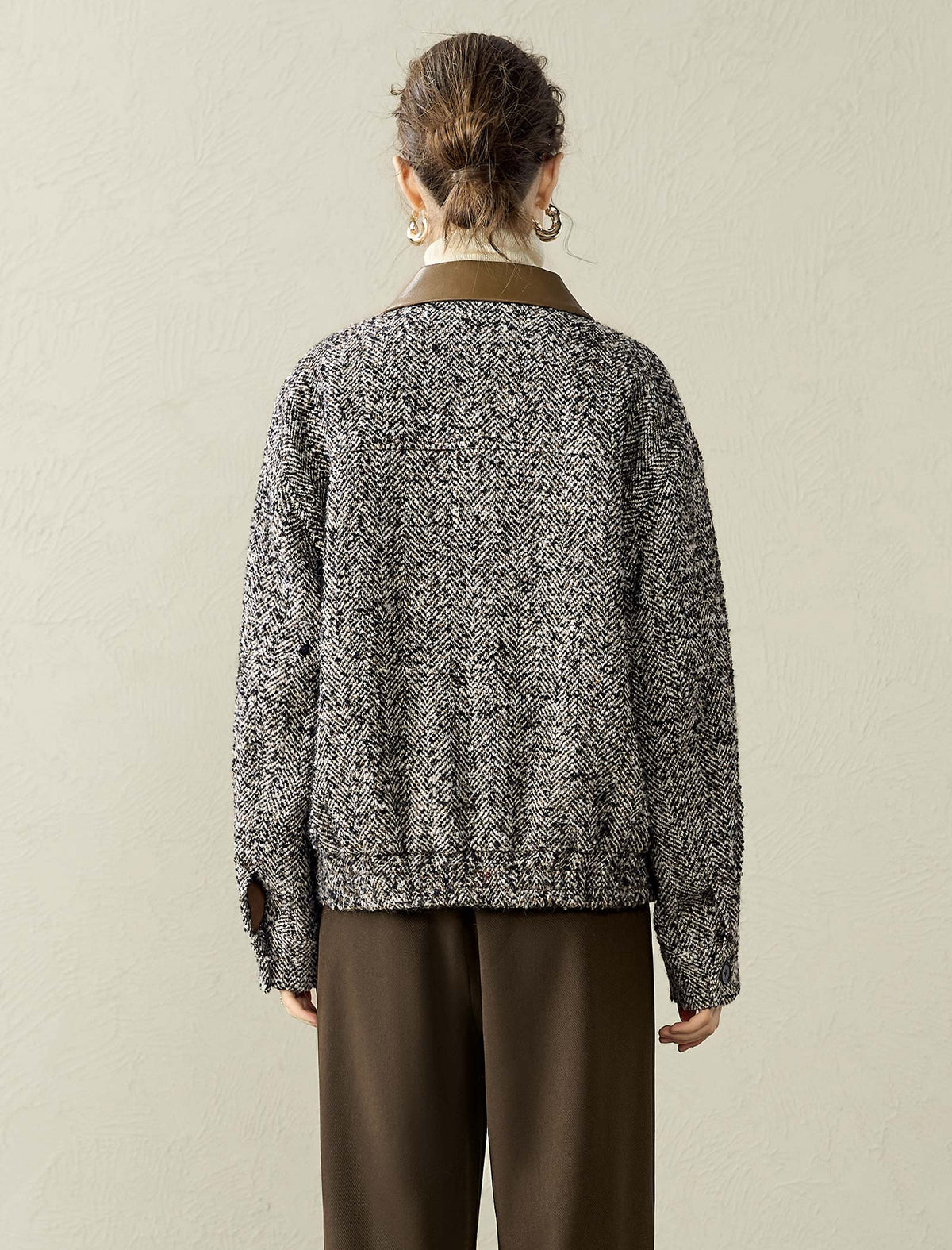 Tweed Wool-Blend Leather Collar Jacket