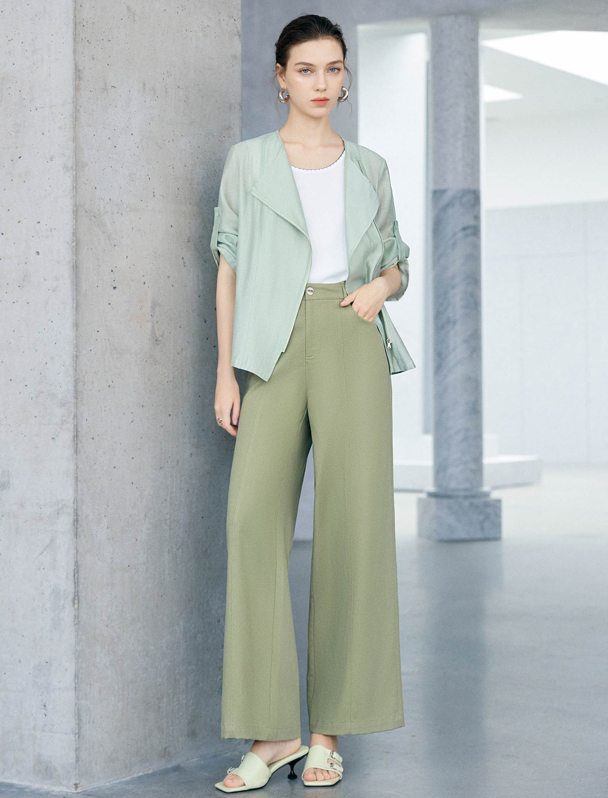 Light Sage Roll Tab Sleeve Open Front Moto Jacket
