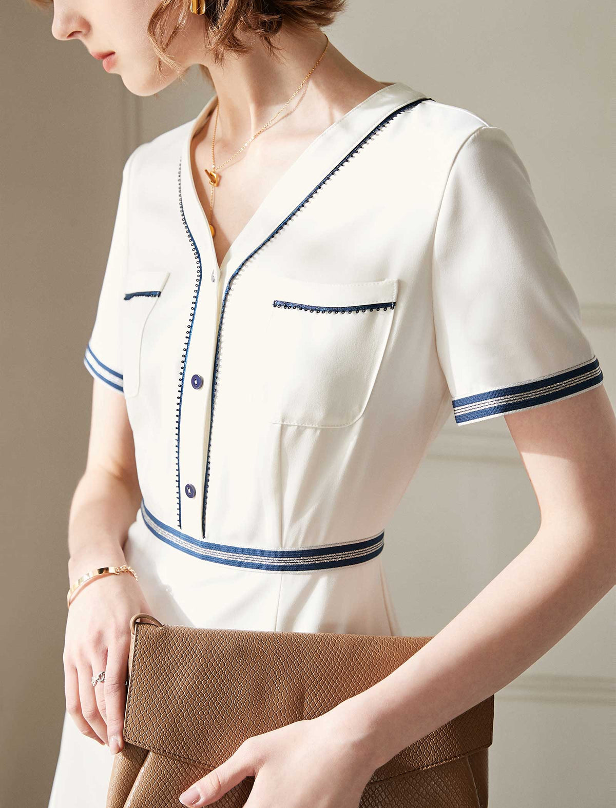 White Contrast Trim V-Neck A-Line Dress