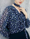 Floral Ruffle V Neck Tie Chiffon Blouse