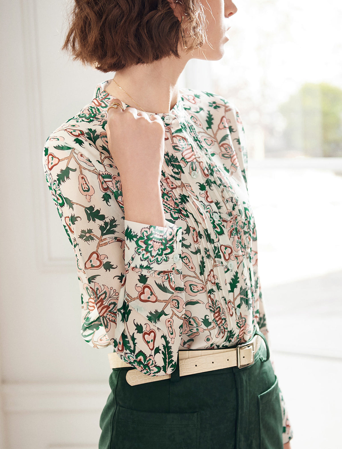 Floral Gathered Detail Mock-Neck Blouse
