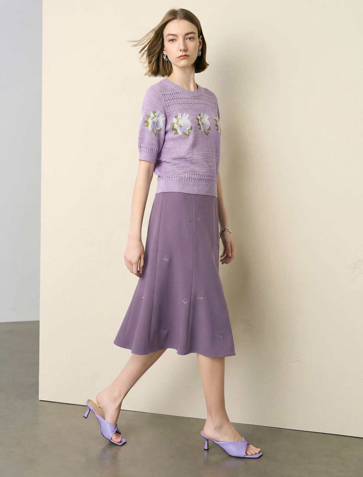 Lavender Floral Intarsia Short Sleeve Knit Top