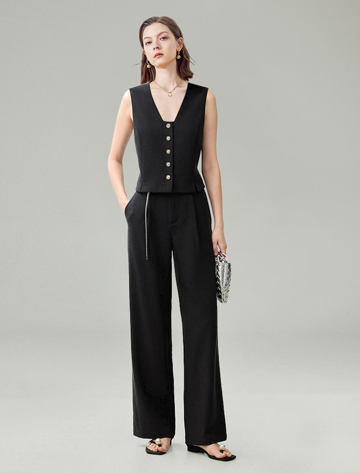 Linen Blend Wide-Leg Tailored Pants