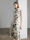 Watercolor Floral Print Qipao-Style Midi Dress