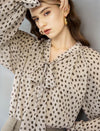 Oatmeal Ditsy Dot Tie-Neck Blouse