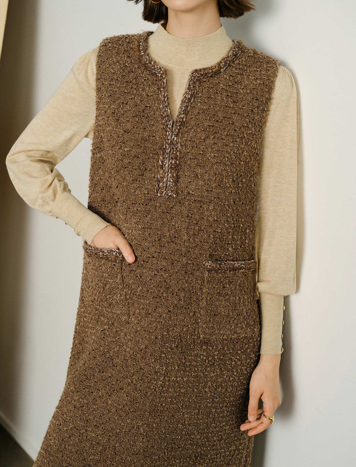 Brown Wool Loose Sleeveless Dress
