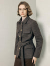 Wool Blend Textured Collared Belted Utility Jacket