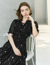 Black Splatter Print Ruffled Midi Dress