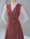 Pleated V-Neck Double-Breasted Sleeveless Dress
