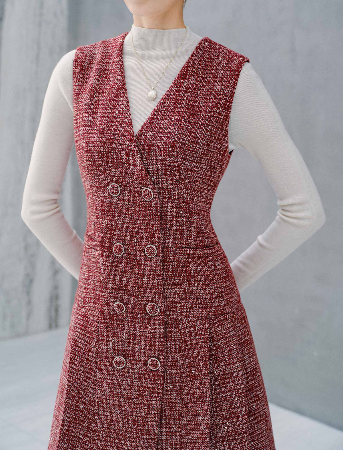 Pleated V-Neck Double-Breasted Sleeveless Dress