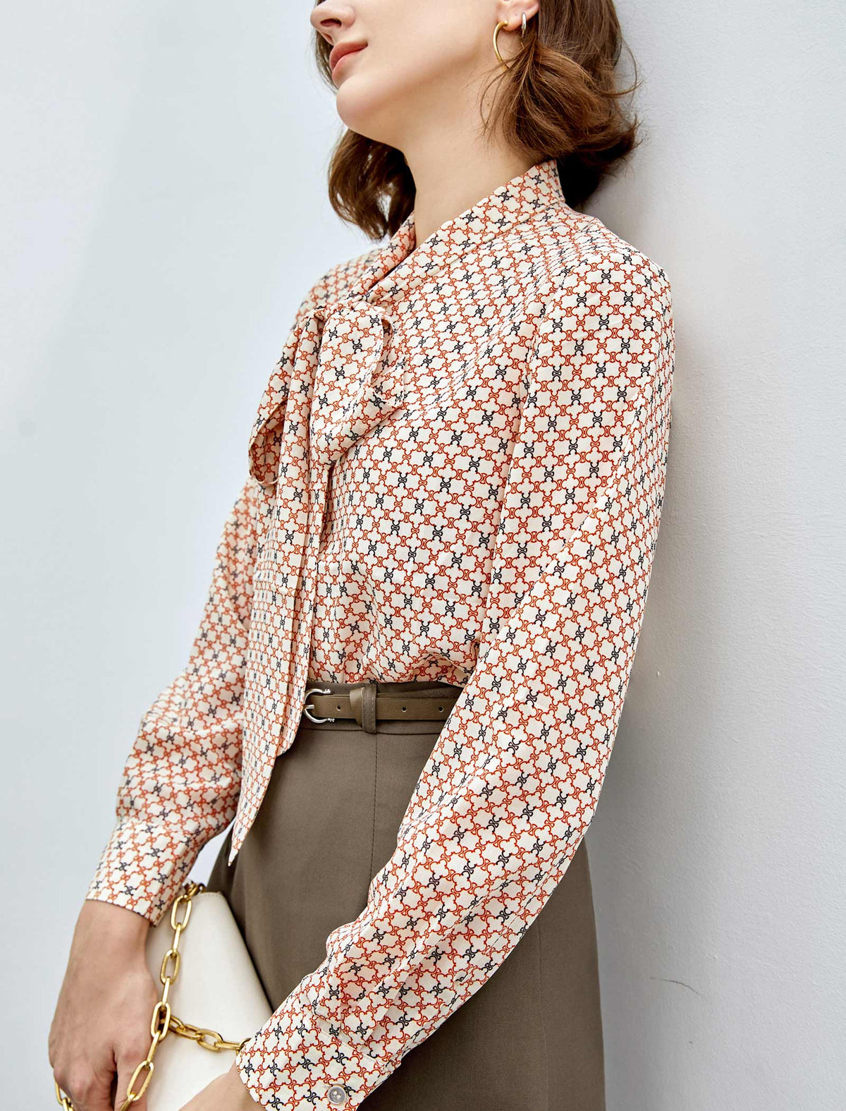 Grid Print Tie Neck Blouse