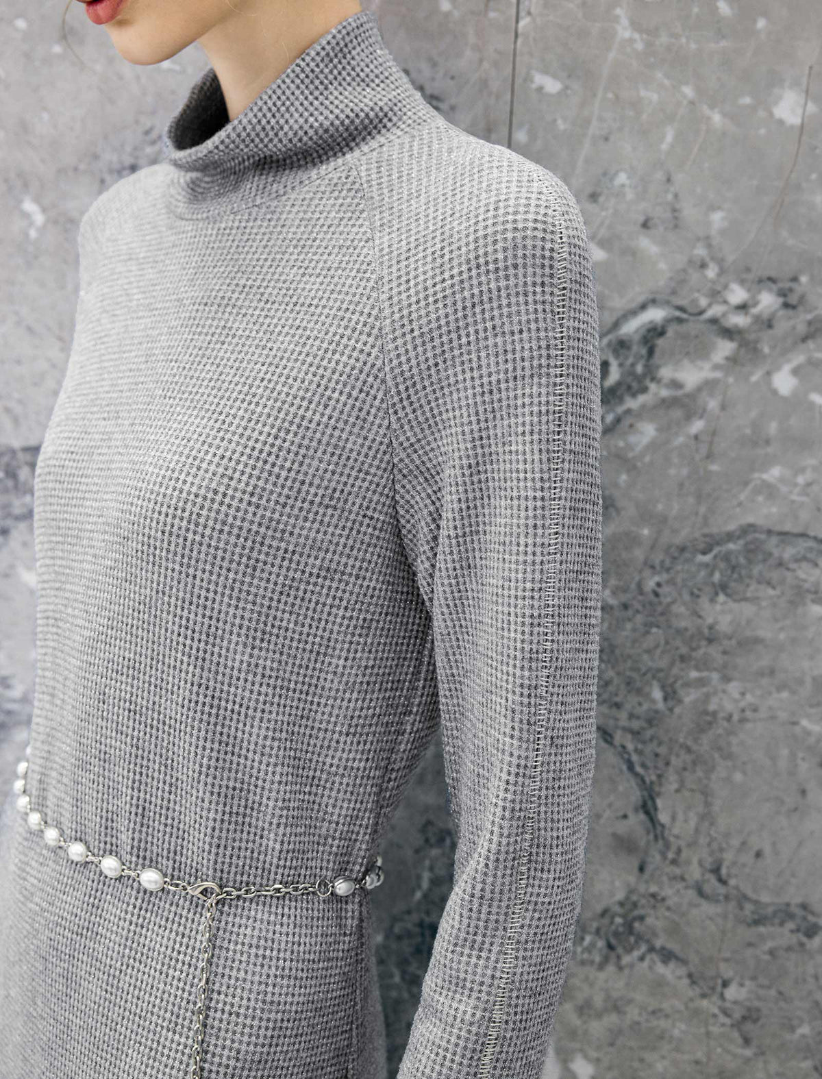 Textured Turtleneck Pearl-Chain Belted Long Sleeve Midi Dress