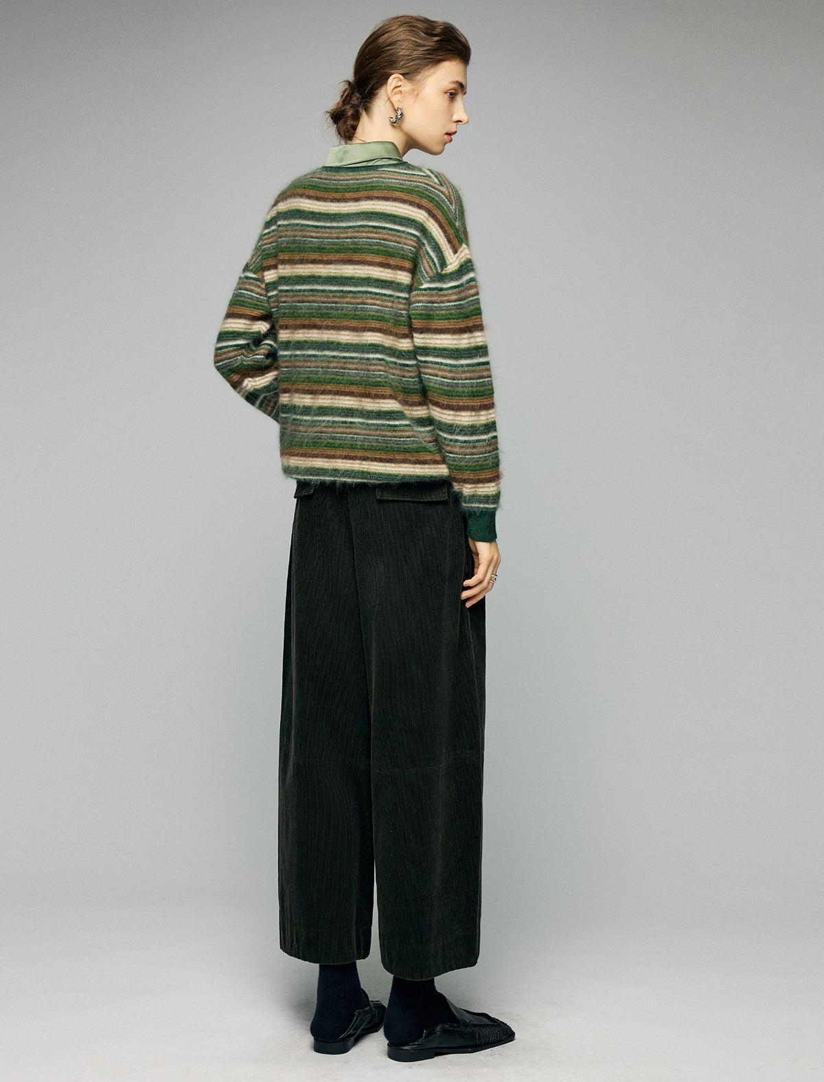 Wool and Mulberry Silk Blend Striped Crewneck Relaxed Sweater