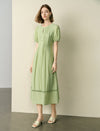 Puff Sleeve Pintuck Midi Dress with Lace Trim