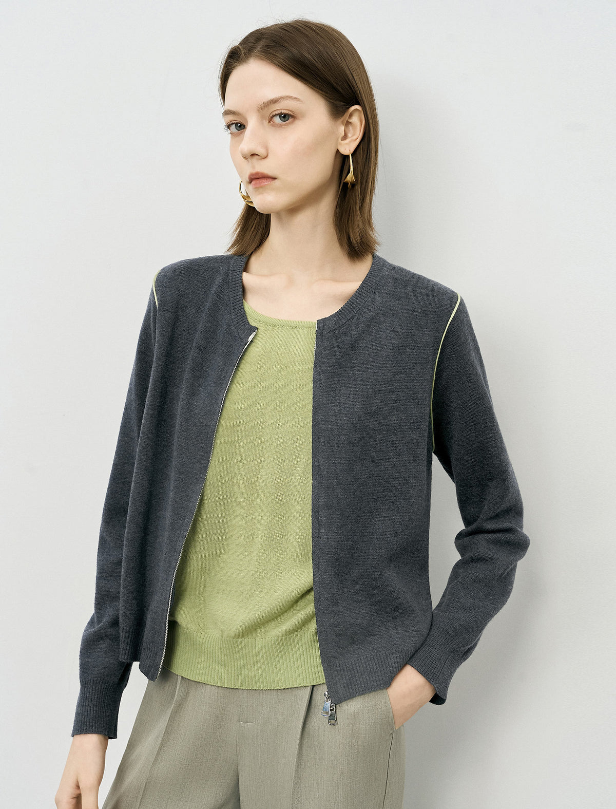 Slim Fit Zipper Layered Knit Sweater