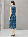 Blue Floral Sleeveless Knee-Length Sheath Dress