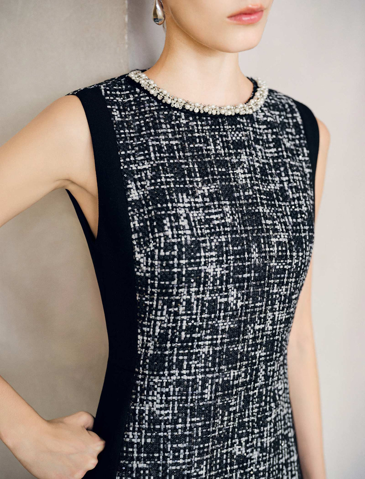 Wool Blend Pearl Beaded Crewneck Tweed Sheath Dress